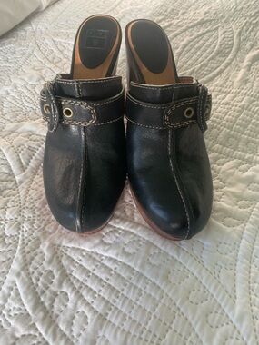 Frye Black Leather Wedge Clogs with Buckle Detail